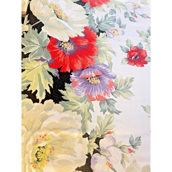 VTG Queen Size Flat Sheet Linen Cotton Black Red Lavender Floral Cottage French - Picture 1 of 11
